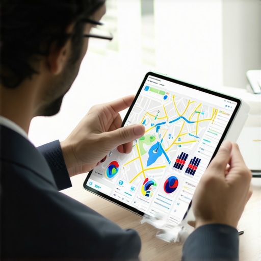 Businessman reviewing local SEO analytics and maps on a tablet.