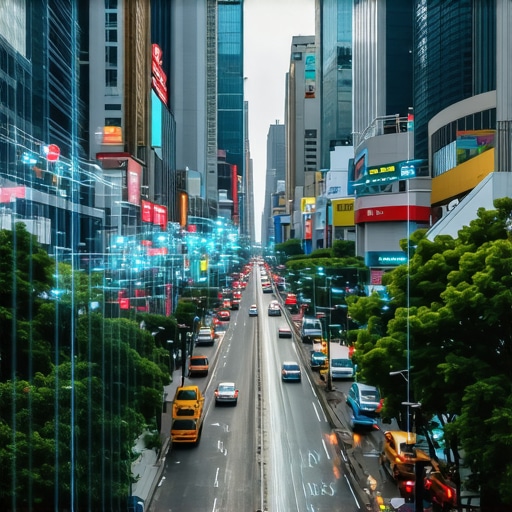 Cityscape showcasing augmented reality overlays and IoT sensor networks impacting local business visibility