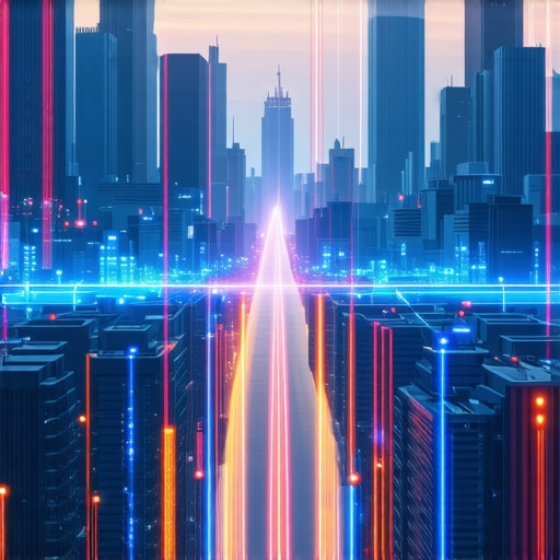 Illustration of futuristic cityscape with biometric sensors and data overlays enhancing local search visibility.