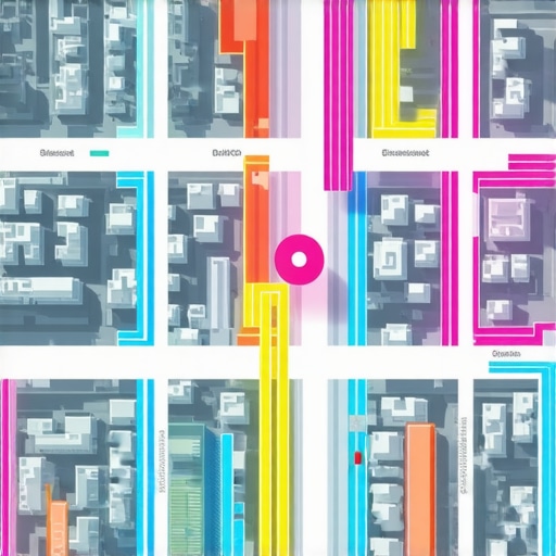 A digital map highlighting AI, biometric, and AR signals integrated into urban environment.