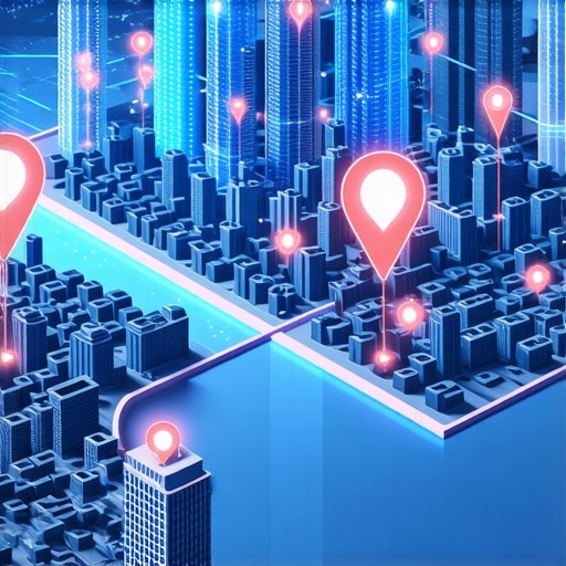 Futuristic city map with glowing neural network data overlays representing advanced local search technologies.