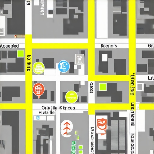 Illustration of a city map enhanced with AR, sensory cues, and interactive digital signals.