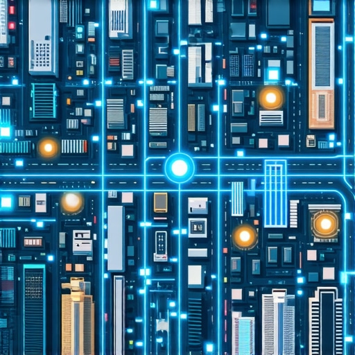 Futuristic city map with augmented reality overlays and sensor data illustrating advanced local search techniques.