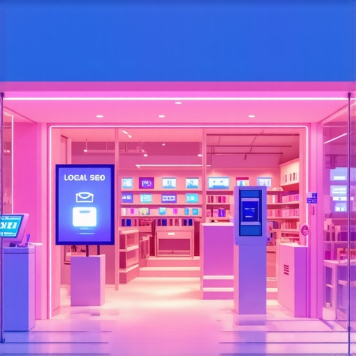 Futuristic storefront with IoT sensors, AR overlays, and biometric terminals demonstrating advanced local SEO signals.