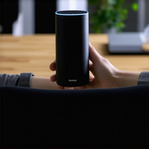 Person speaking into smart speaker for local search