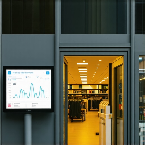 Storefront equipped with IoT sensors and digital displays showing live occupancy and inventory updates