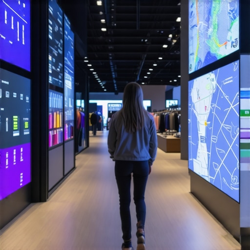 A modern storefront equipped with sensors and digital maps illustrating customer proximity and movement